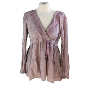 LUCKY BRAND || Y2K Peasant Front Tie Flowy Boho Blouse Embroidered Earl Grey M